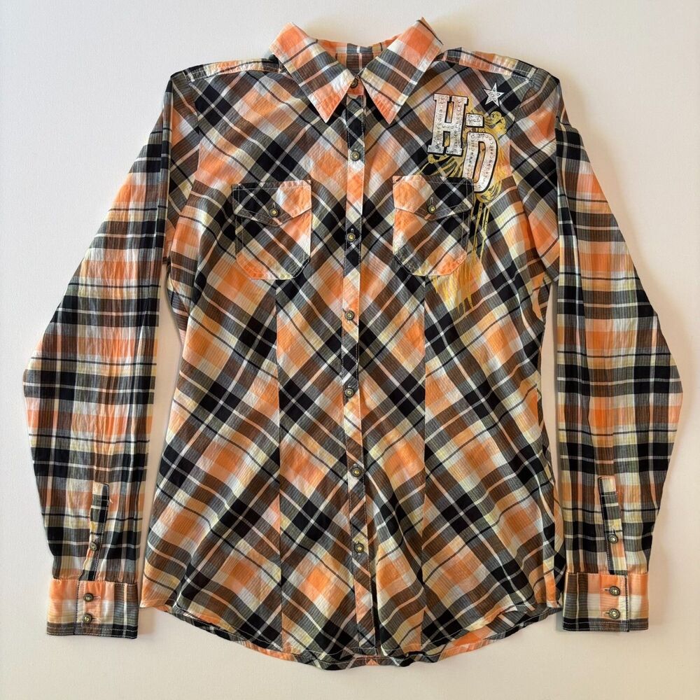 Harley Davidson Button Up Shirt Womens M Orange Plaid Rhinestone Angel Back Logo - Picture 6 of 16